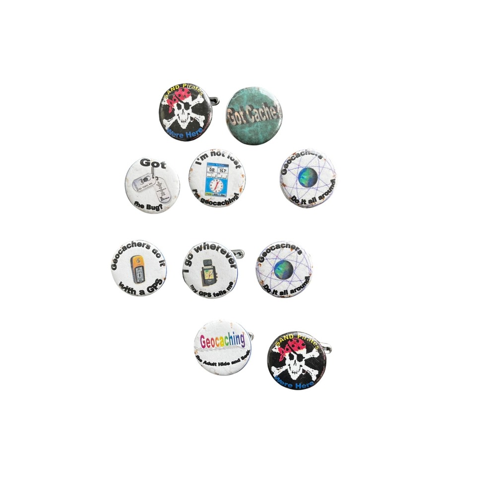 Vintage Geocaching Pinback Button Lot 10pc Land Pirates GPS Got Cache Pins 1